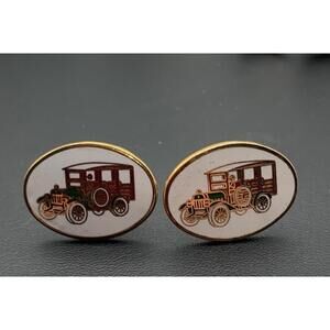 Vintage Avon Gold Plated Enamel Oval Antique Car Oval Cufflinks Signed